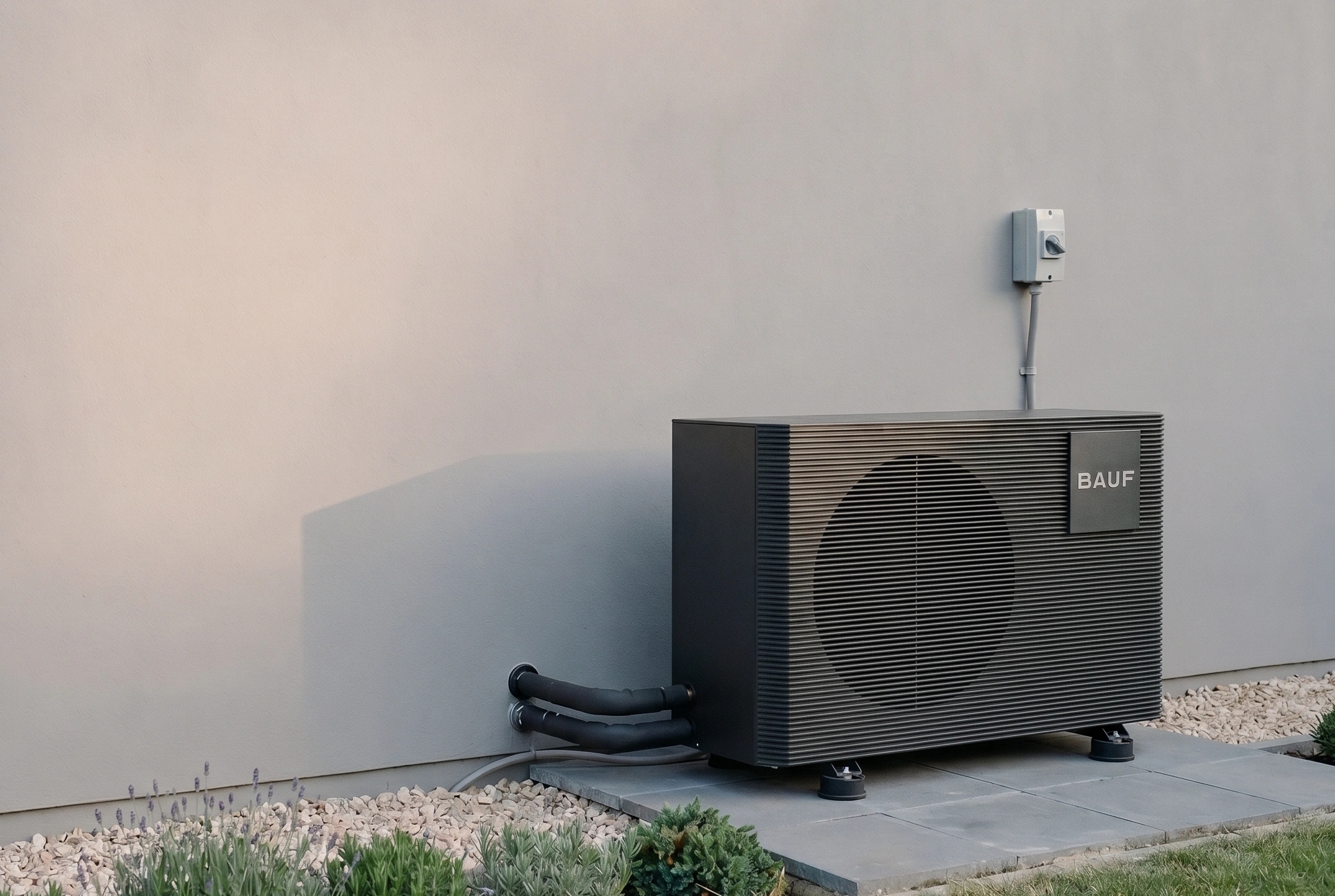 Hamme monoblock heat pump mounted on wall brackets on the outside of a house